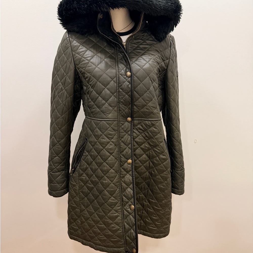 Lauren Ralph Lauren Quilted Dark Green Coat with Black Faux Fur Hood